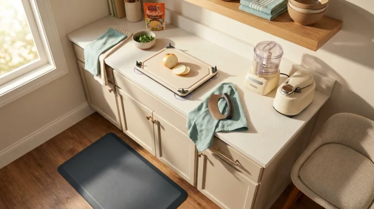 A neuropathy-friendly home kitchen counter with an adapted cutting board, rocker knife, electric jar opener, food processor, and an anti-fatigue mat at the prep zone.