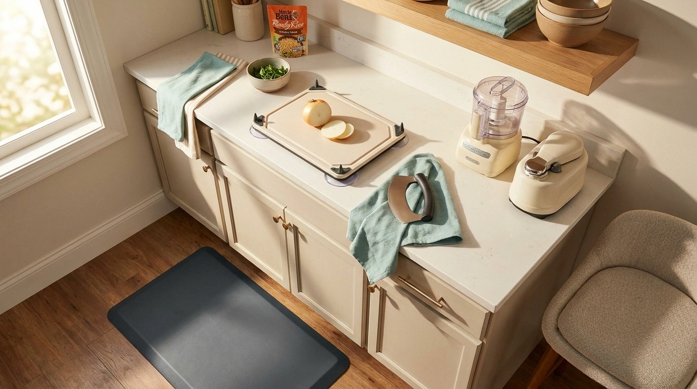 A neuropathy-friendly home kitchen counter with an adapted cutting board, rocker knife, electric jar opener, food processor, and an anti-fatigue mat at the prep zone.