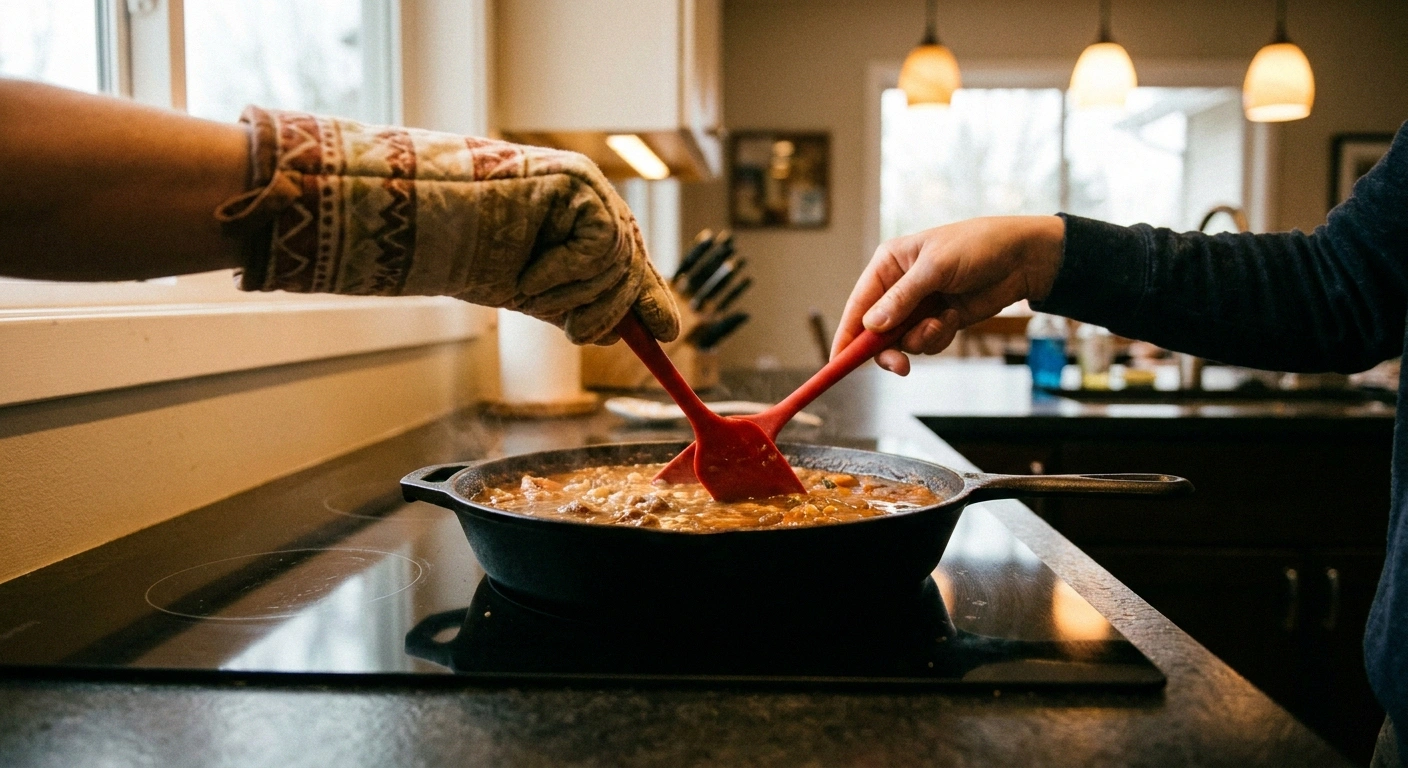 A long-handled spatula and wrist-covering oven mitt being used at an induction stovetop — the heat-safety setup for neuropathy patients.