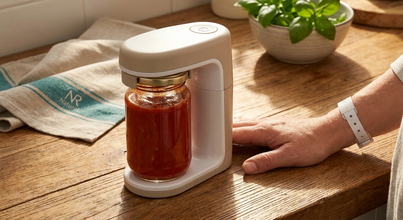 An electric jar opener clamped on a jar of pasta sauce on a kitchen counter — opening hands-free for a patient with hand neuropathy.