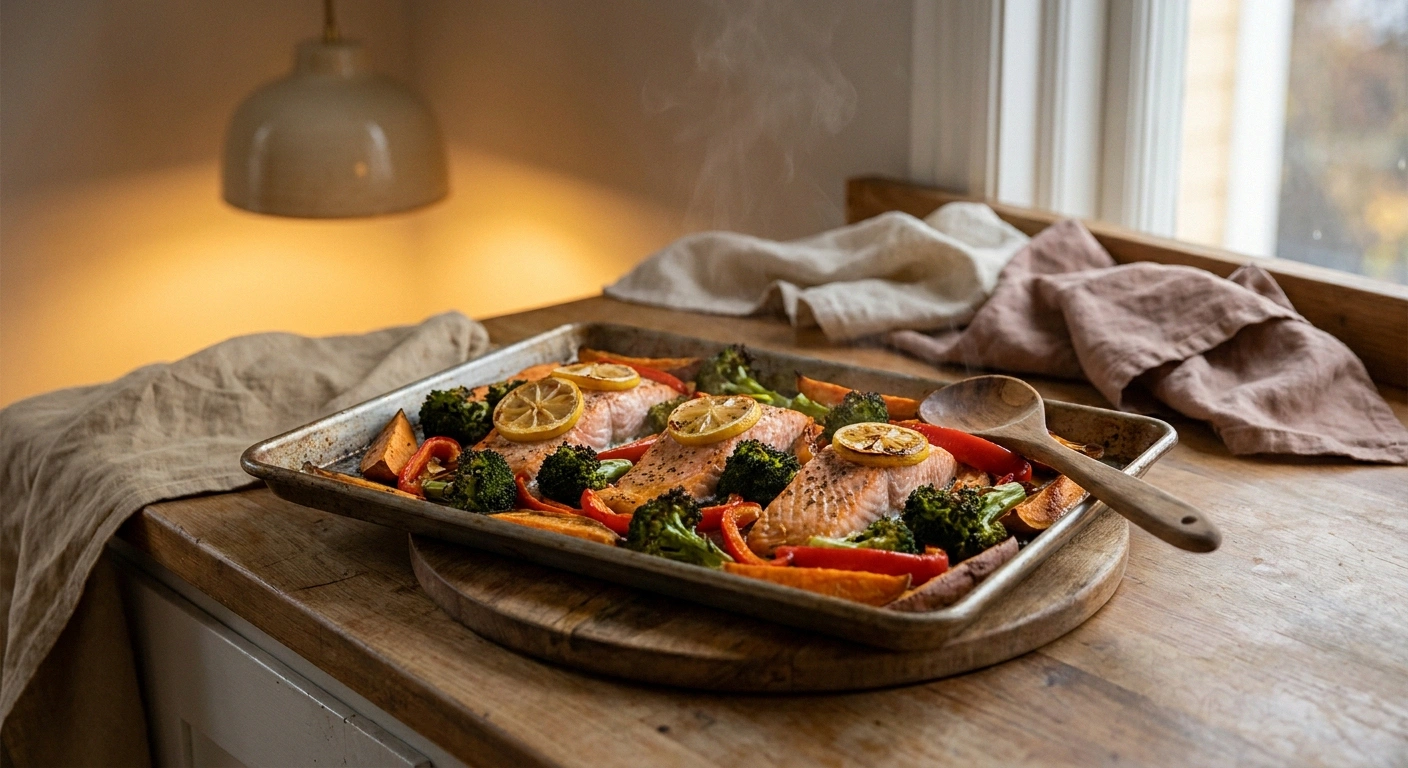 A sheet pan of salmon and roasted vegetables fresh from the oven — the easiest hands-off weeknight neuropathy dinner.