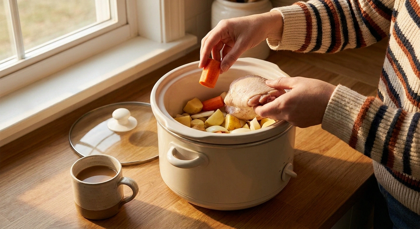 A patient calmly loading vegetables and chicken into a slow cooker on a morning kitchen counter — the load-and-walk-away neuropathy cooking workflow.
