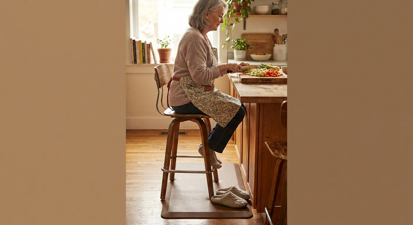 A neuropathy patient seated on a counter-height stool with an anti-fatigue mat at her feet, prepping vegetables in comfort.