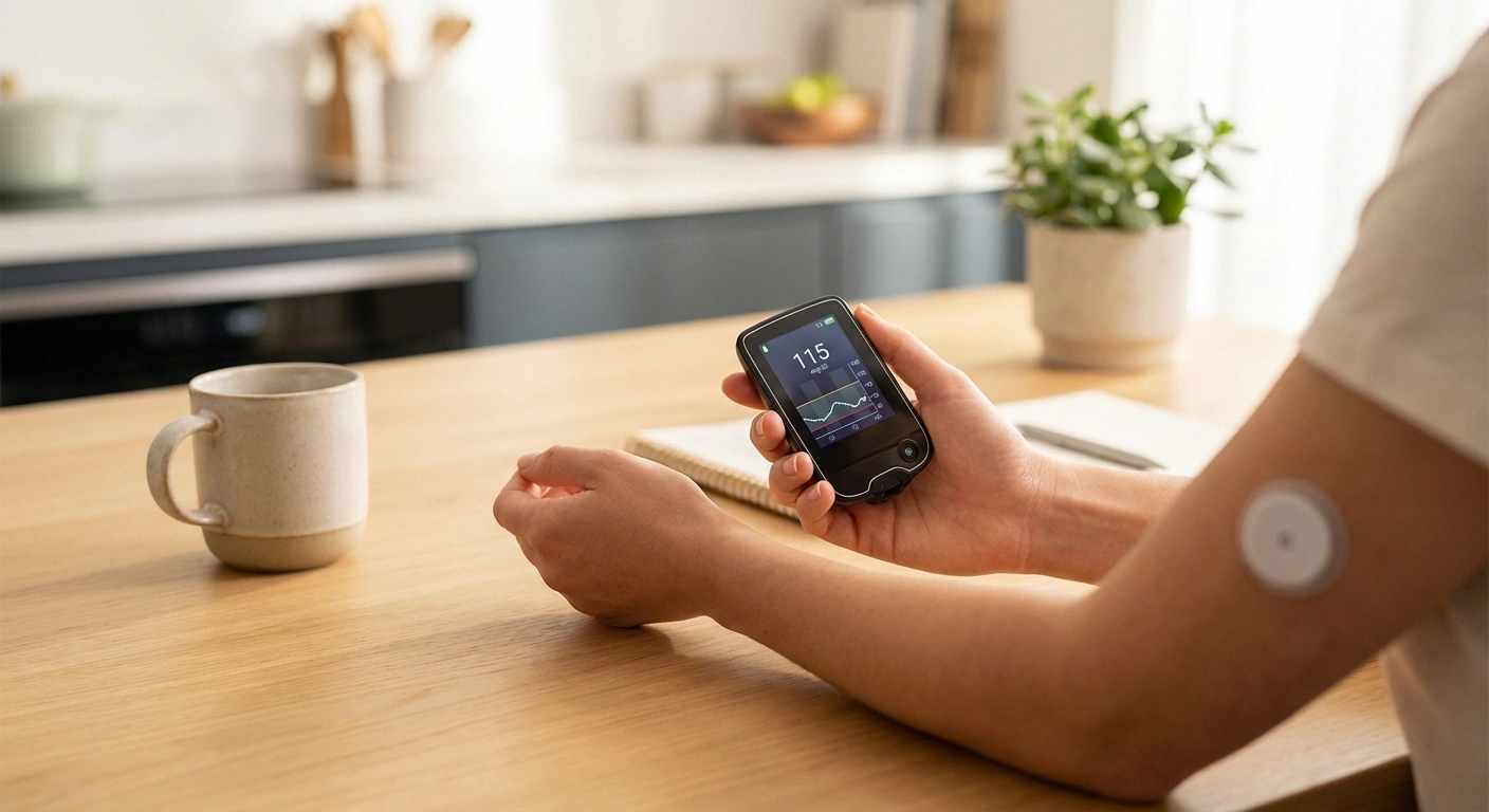 Person checking continuous glucose monitor for blood sugar control to prevent diabetic neuropathy complications
