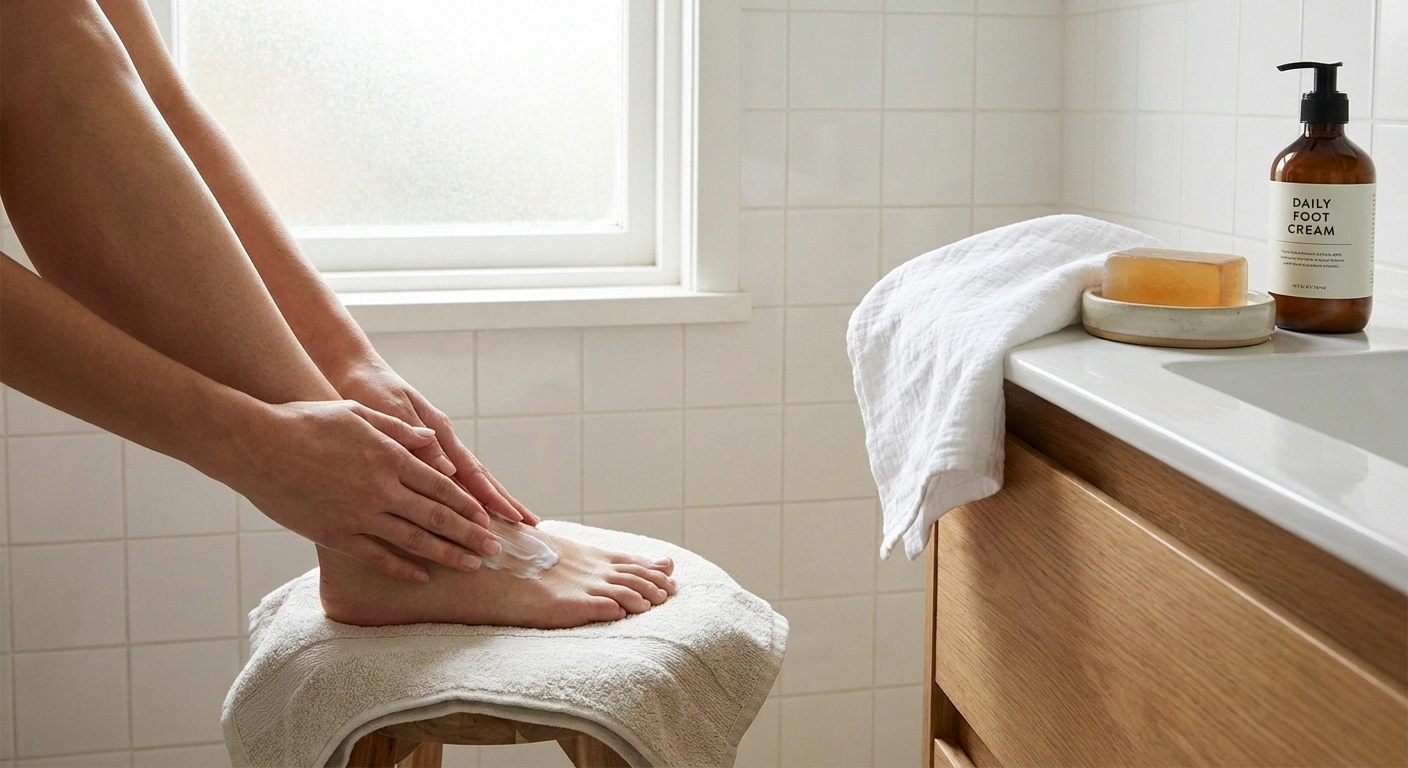 Person applying moisturizer to feet as part of daily diabetic neuropathy foot care routine