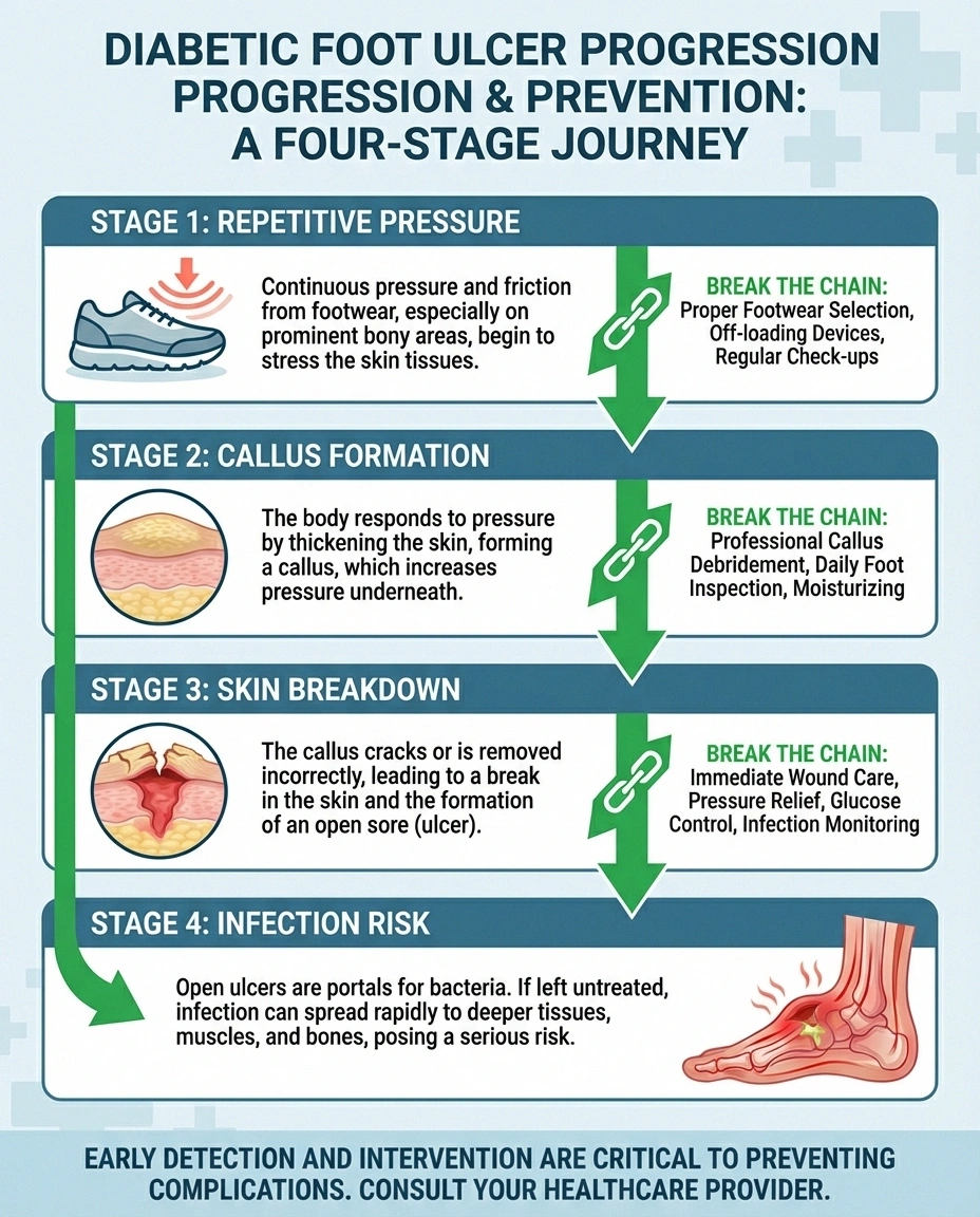 Infographic showing four stages of diabetic foot ulcer formation from pressure to callus to wound to infection