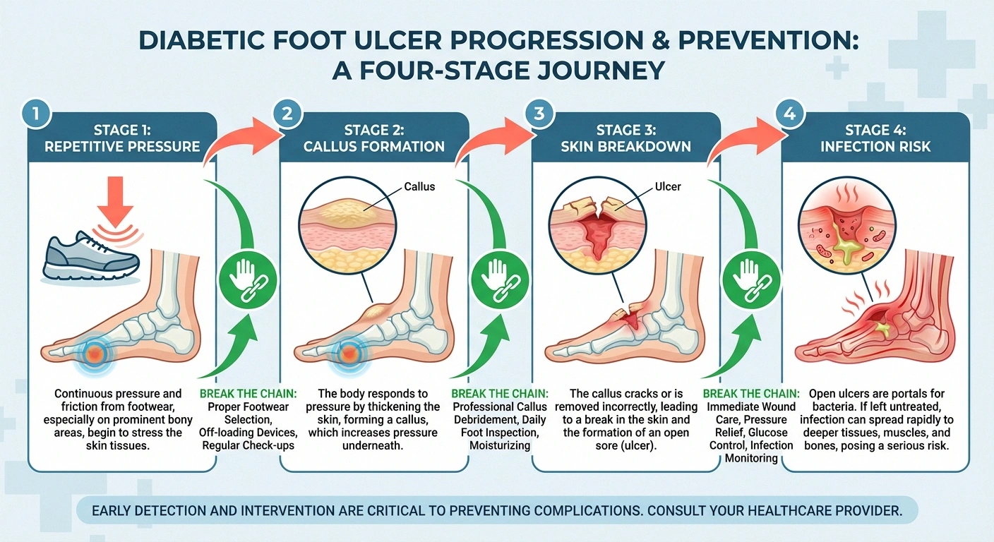 Infographic showing four stages of diabetic foot ulcer formation from pressure to callus to wound to infection