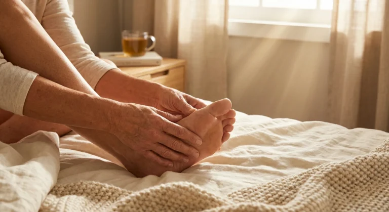 Person performing daily foot inspection for diabetic neuropathy to prevent foot ulcers