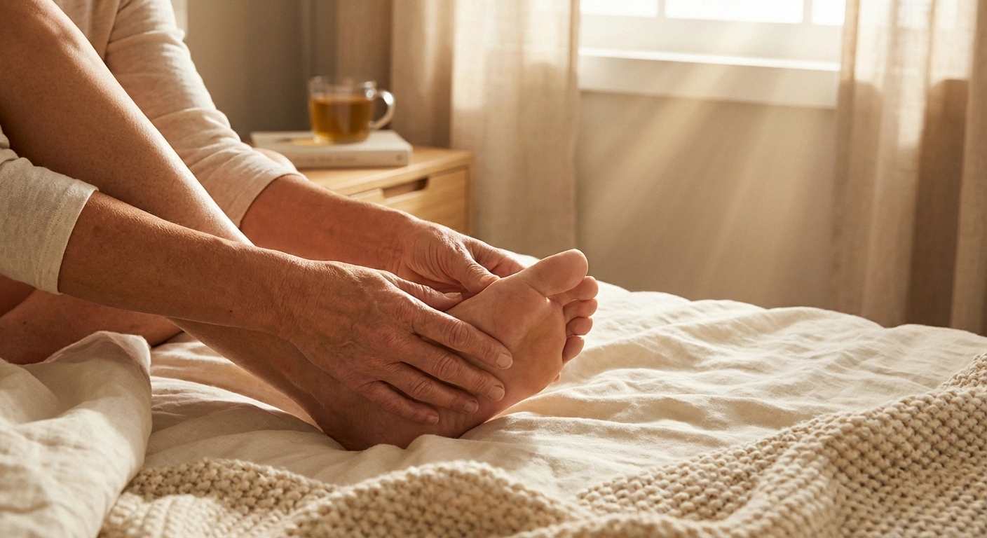Person performing daily foot inspection for diabetic neuropathy to prevent foot ulcers