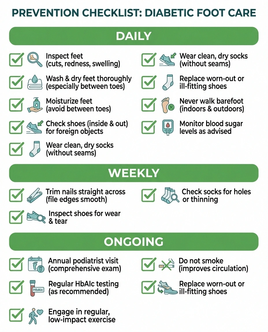Complete diabetic foot ulcer prevention checklist showing daily weekly and ongoing care tasks