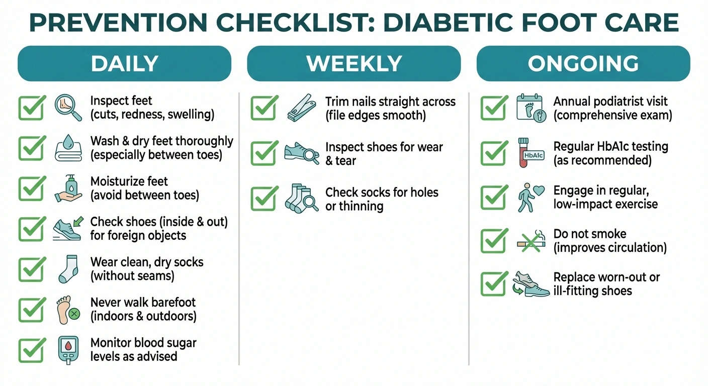 Complete diabetic foot ulcer prevention checklist showing daily weekly and ongoing care tasks