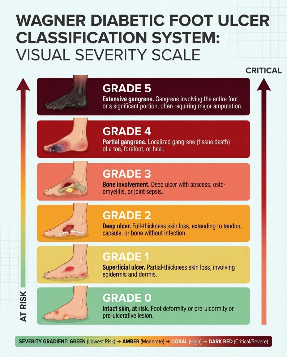 Wagner classification system for diabetic foot ulcers showing six grades from intact skin to extensive gangrene