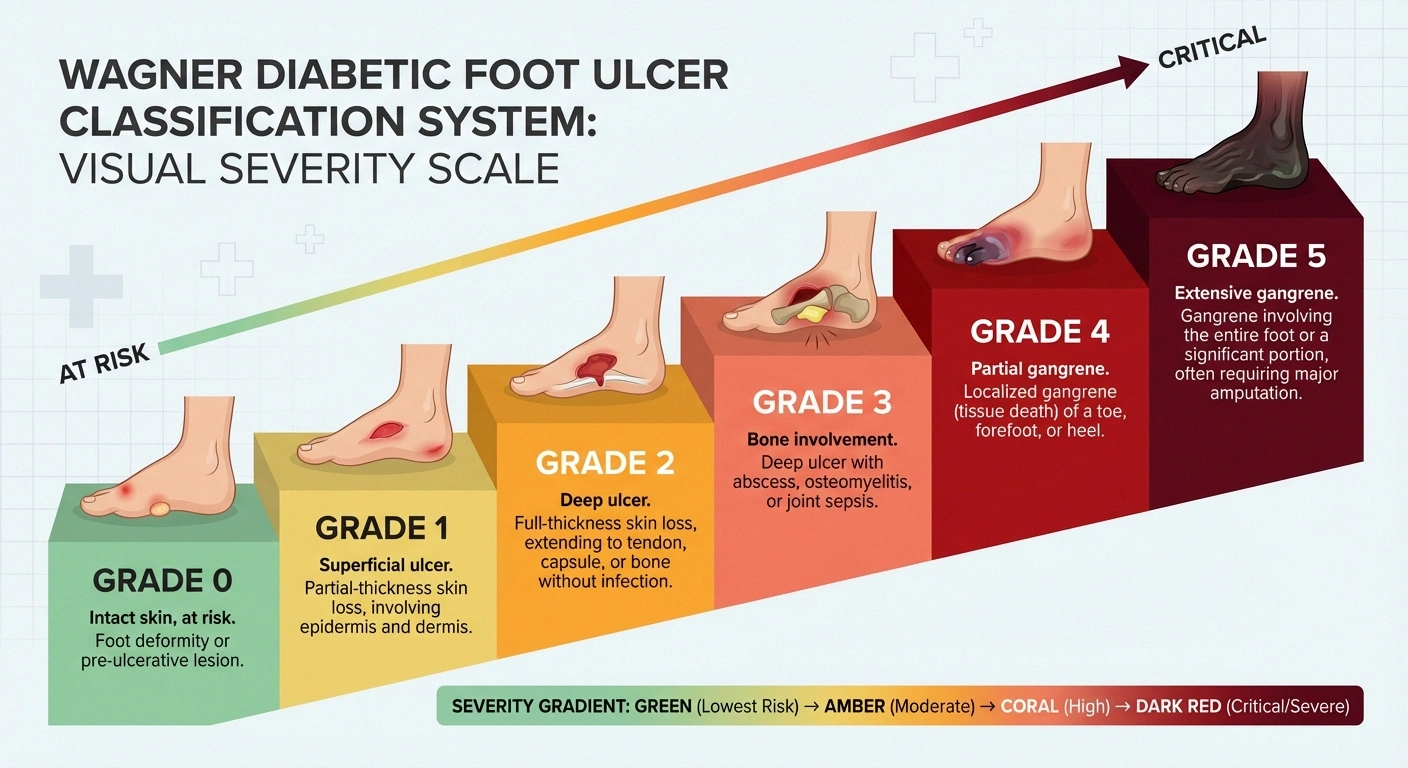 Wagner classification system for diabetic foot ulcers showing six grades from intact skin to extensive gangrene