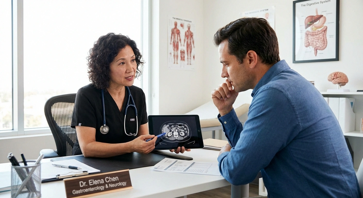 Doctor reviewing diagnostic test results with a patient during a consultation for neuropathy-related digestive problems