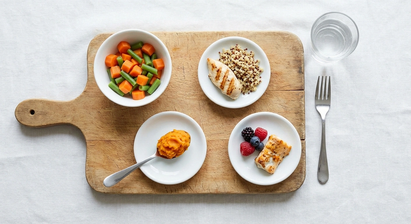 Overhead view of several small healthy meal portions representing the dietary strategy of eating smaller more frequent meals for neuropathy-related gastroparesis