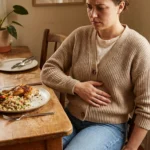 Person experiencing digestive discomfort while sitting at a dining table representing the connection between neuropathy and gut problems