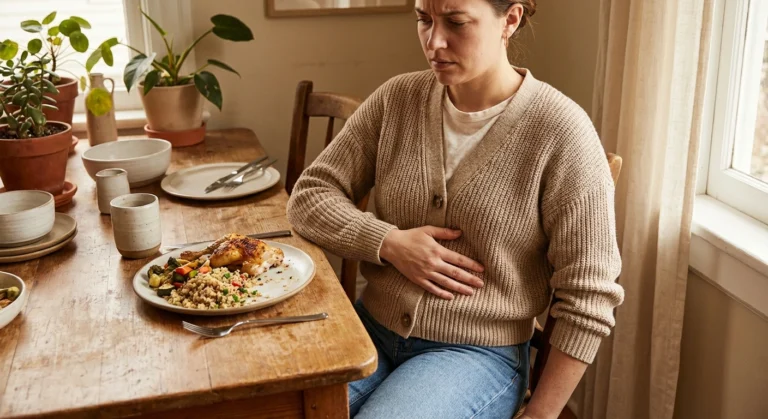 Person experiencing digestive discomfort while sitting at a dining table representing the connection between neuropathy and gut problems