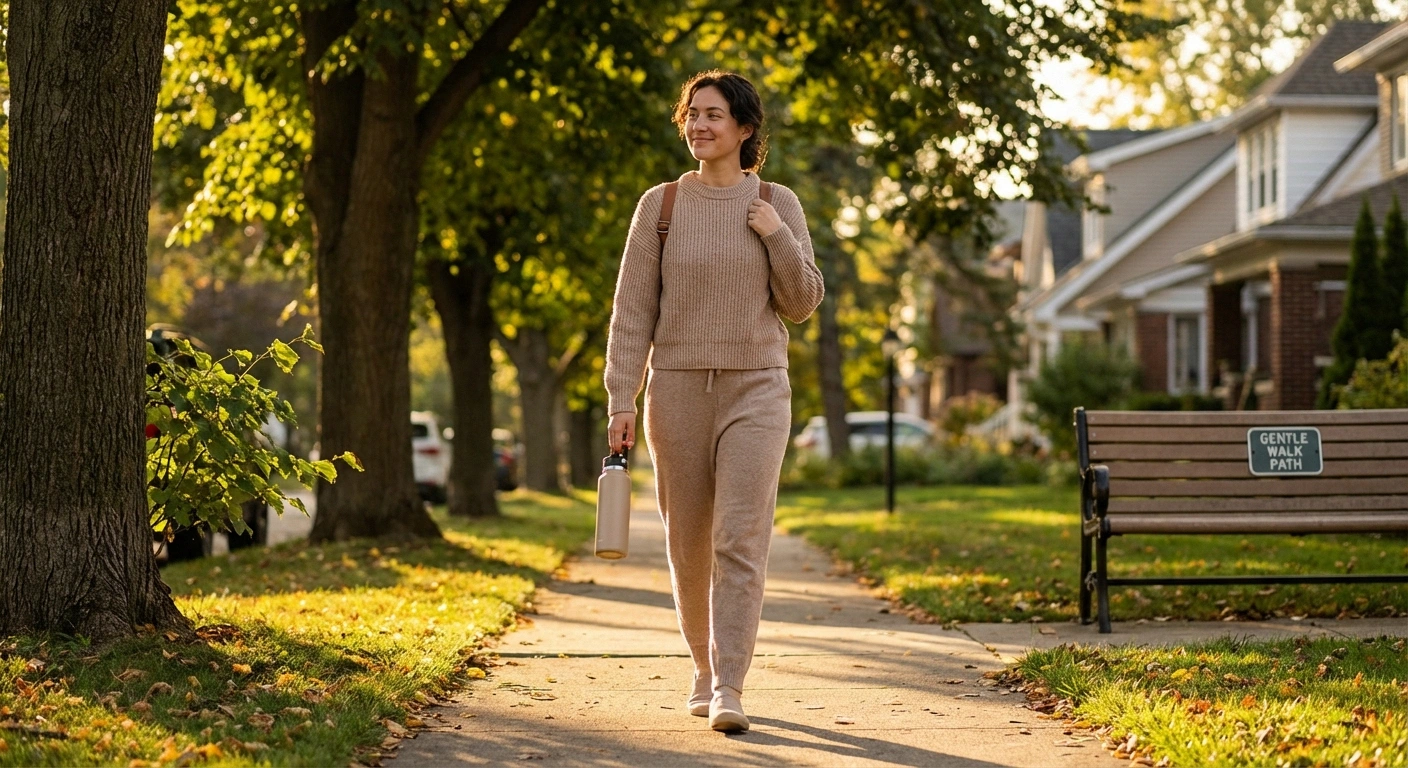 Person taking a gentle walk outdoors after a meal as part of managing neuropathy-related digestive symptoms through regular post-meal movement