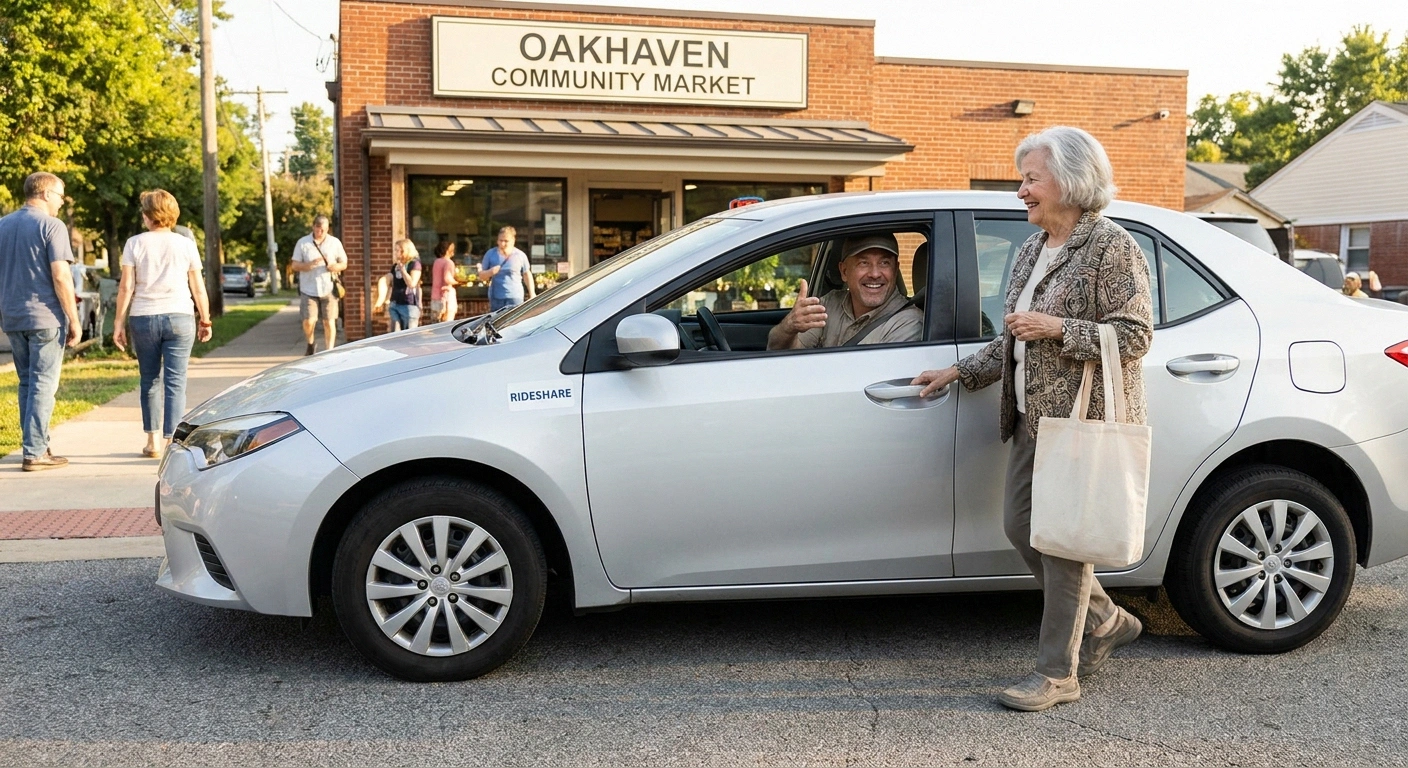 Older woman arriving at her destination in a rideshare — preserving independence without driving