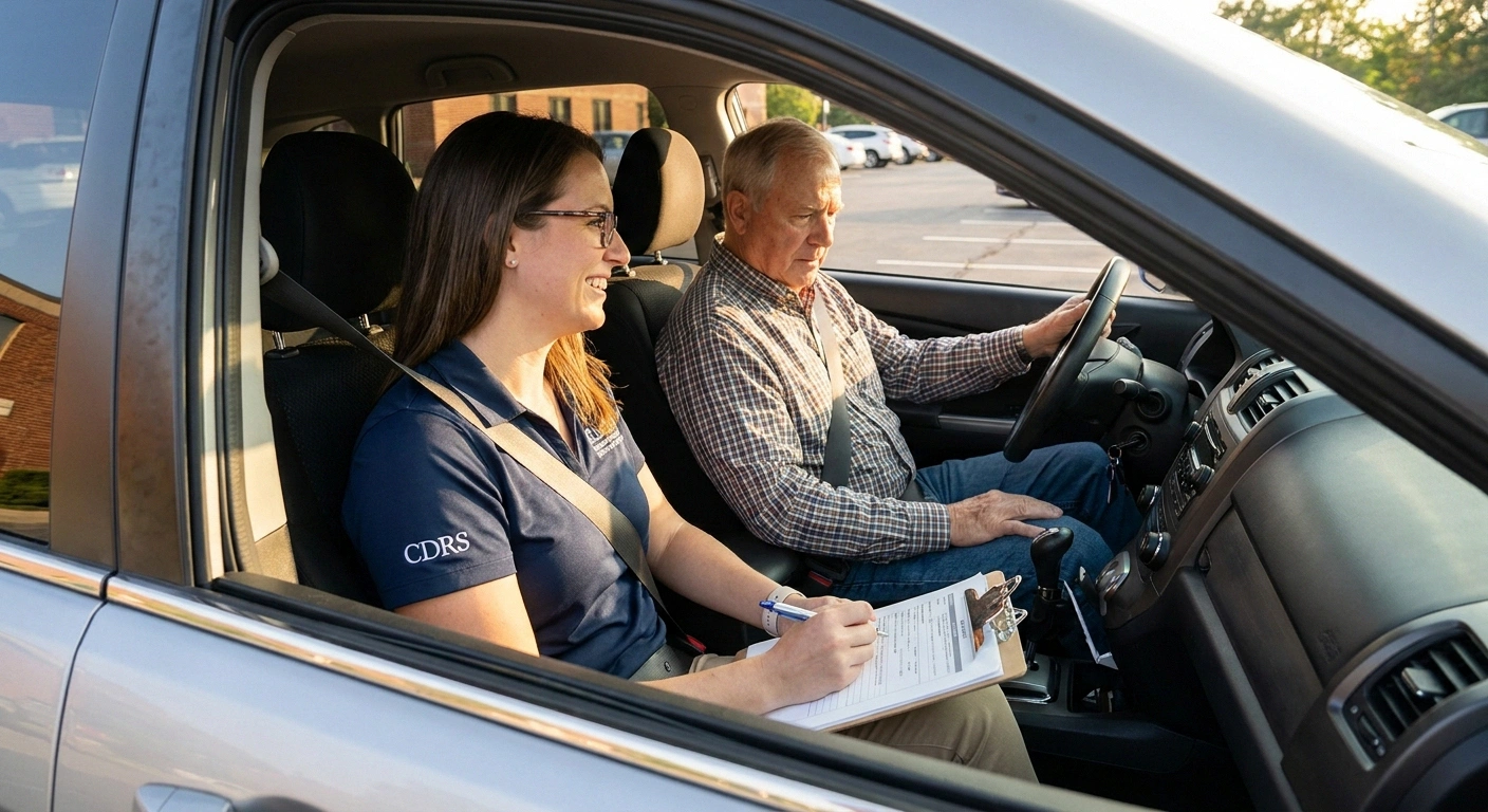Driver rehabilitation specialist evaluating an older driver during an on-road assessment