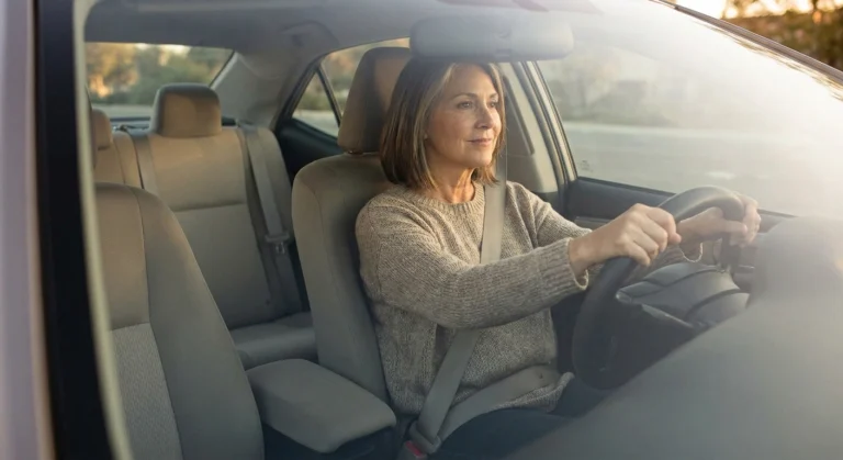 Older woman driving with hands at 9-and-3 — staying safe behind the wheel with peripheral neuropathy