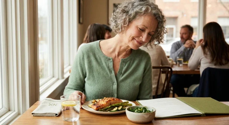 Woman with neuropathy confidently dining at restaurant with healthy anti-inflammatory meal choices