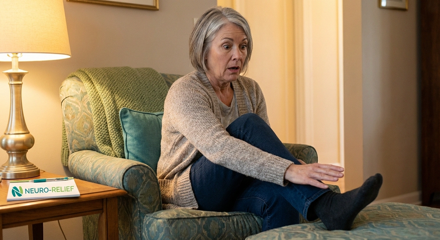 Woman with neuropathy reacting to sudden electric shock sensation in foot while sitting at home