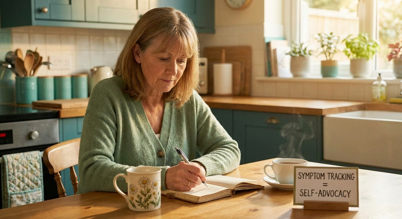 Woman tracking neuropathy electric shock sensations in a symptom journal as part of self-management