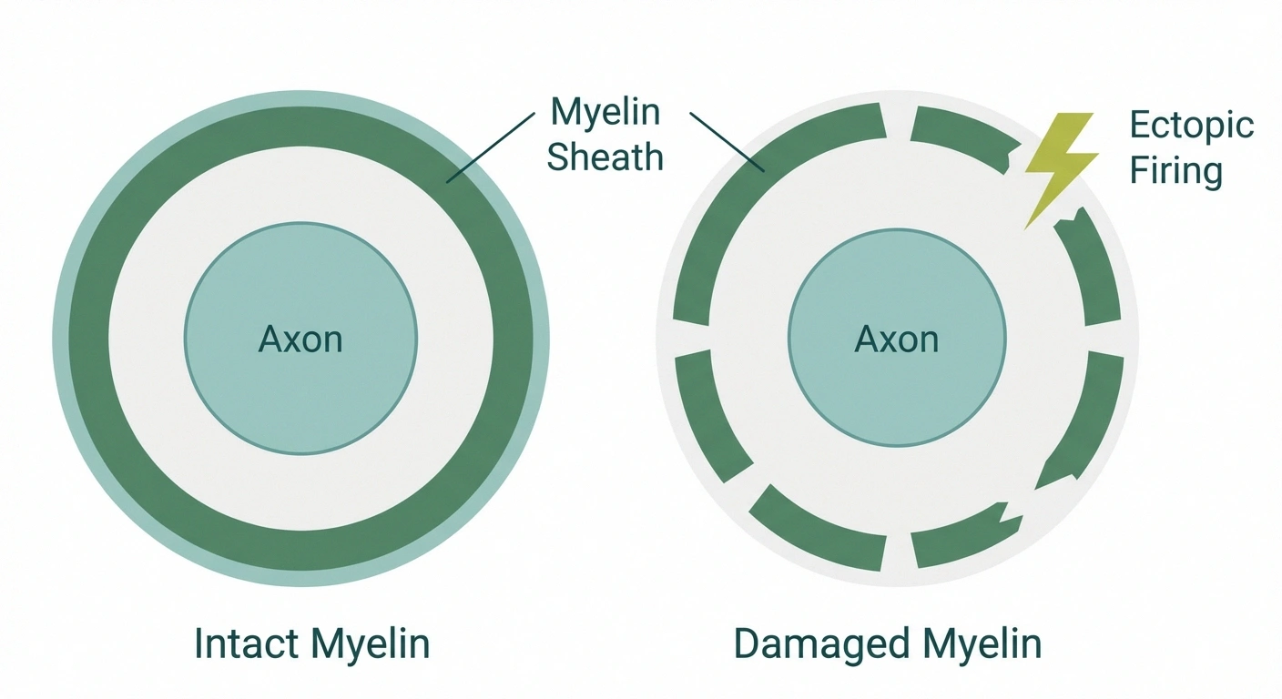 Medical illustration showing how damaged nerve myelin causes spontaneous ectopic firing and electric shock sensations