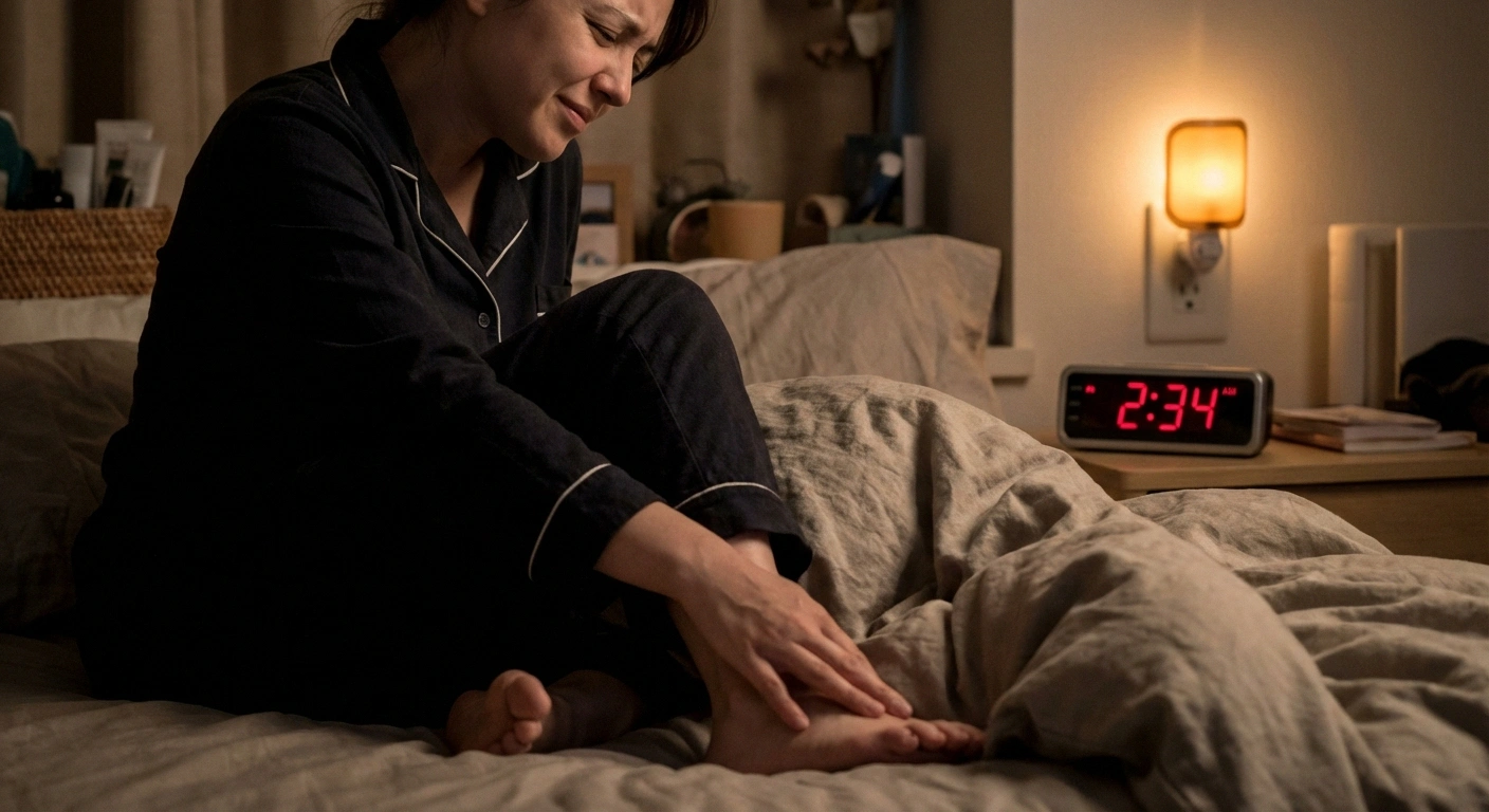 Person awake at night in bed experiencing neuropathy electric shock pain, clock showing 2:34 AM