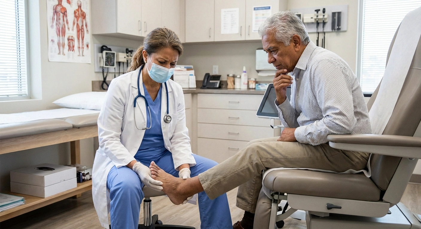 Healthcare provider examining diabetic neuropathy patient's foot during urgent care visit