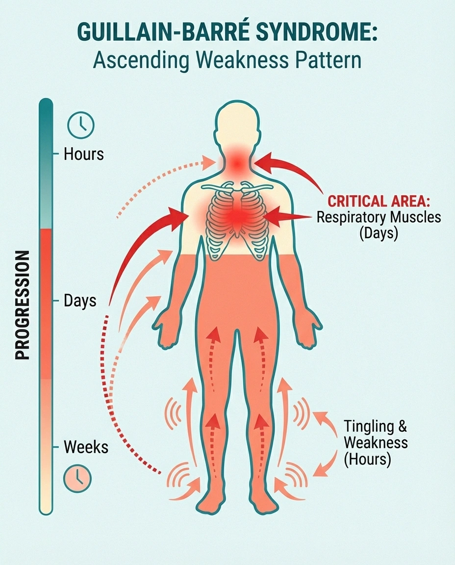 Diagram showing Guillain-Barré Syndrome ascending weakness pattern — a neuropathy emergency