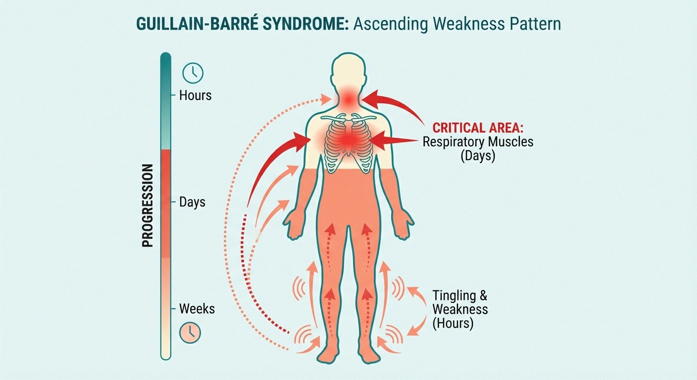 Diagram showing Guillain-Barré Syndrome ascending weakness pattern — a neuropathy emergency