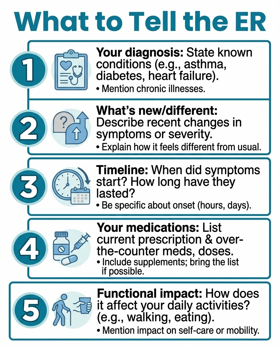 Infographic showing 5 key things to communicate to ER staff about neuropathy emergency