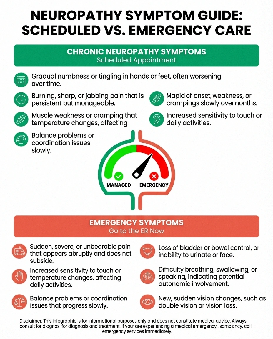 Infographic comparing chronic neuropathy symptoms vs emergency symptoms requiring ER visit