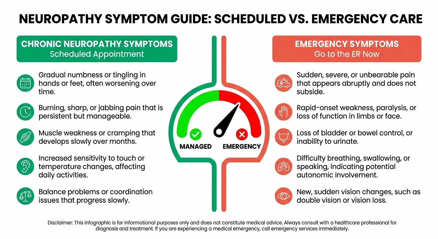 Infographic comparing chronic neuropathy symptoms vs emergency symptoms requiring ER visit