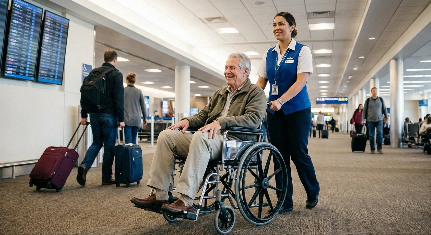 Neuropathy patient using airport wheelchair assistance service to conserve energy before long flight