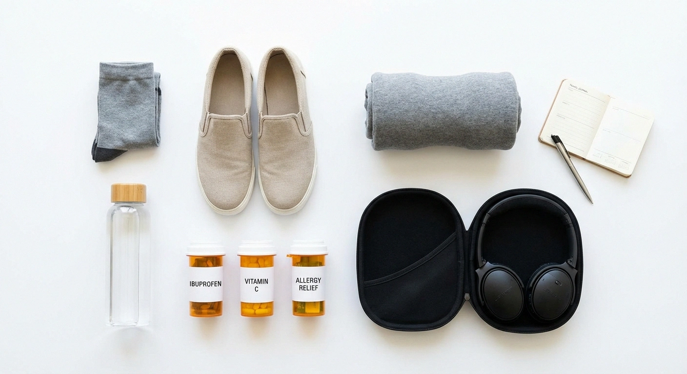 Flat lay of neuropathy travel essentials for airplane flights including compression socks and medications