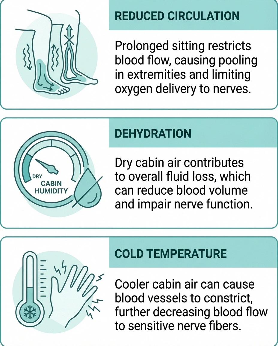Infographic explaining three reasons flying worsens neuropathy symptoms — circulation, dehydration, and cold