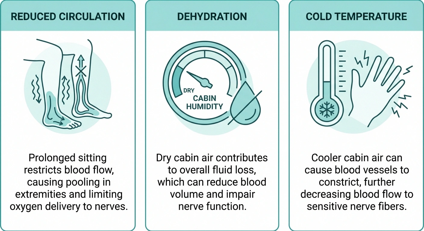 Infographic explaining three reasons flying worsens neuropathy symptoms — circulation, dehydration, and cold