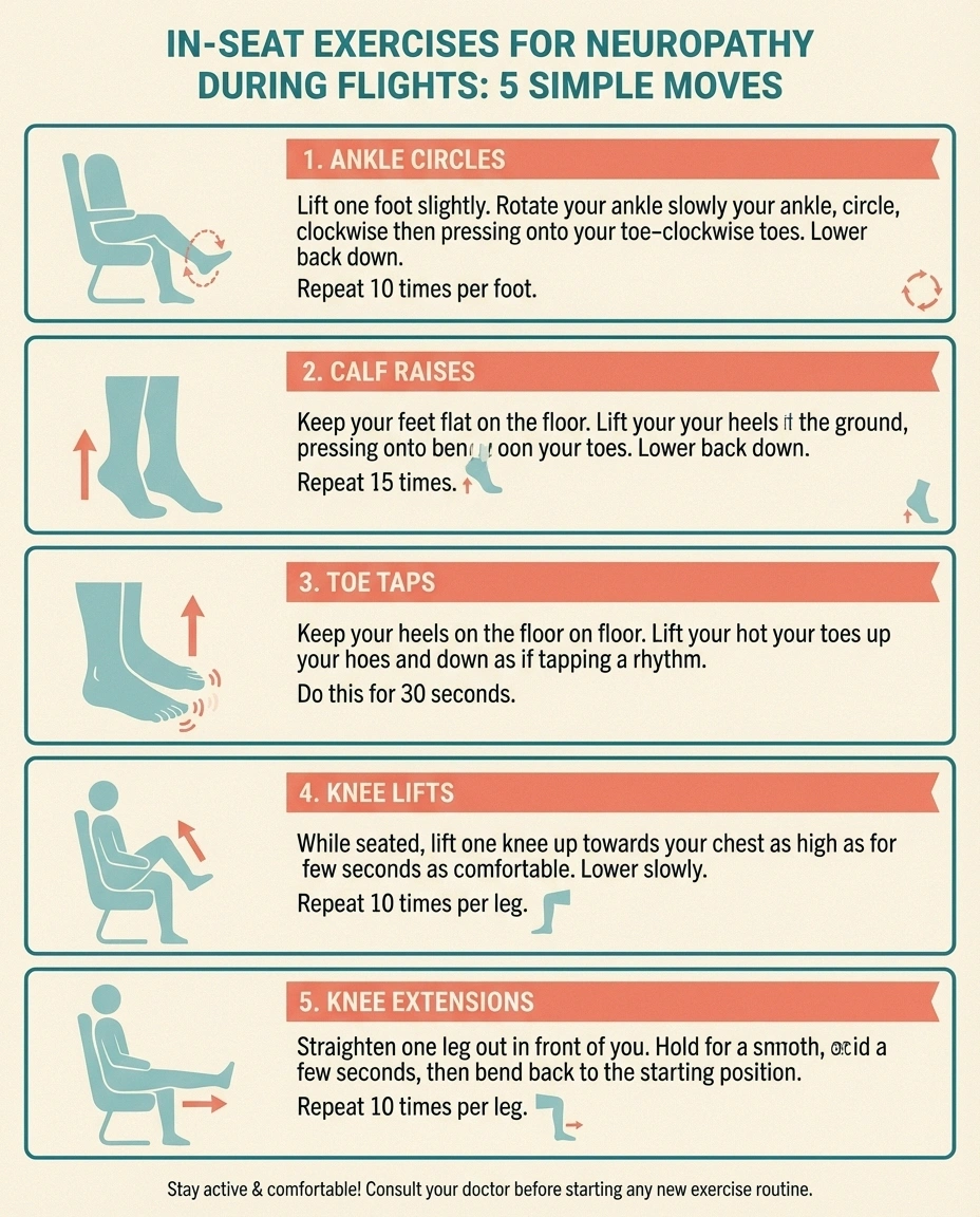 Infographic showing 5 in-seat exercises for neuropathy relief during long flights