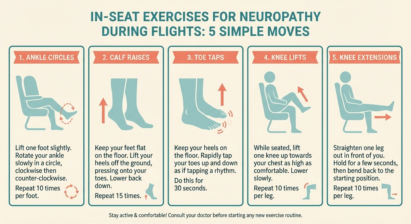 Infographic showing 5 in-seat exercises for neuropathy relief during long flights