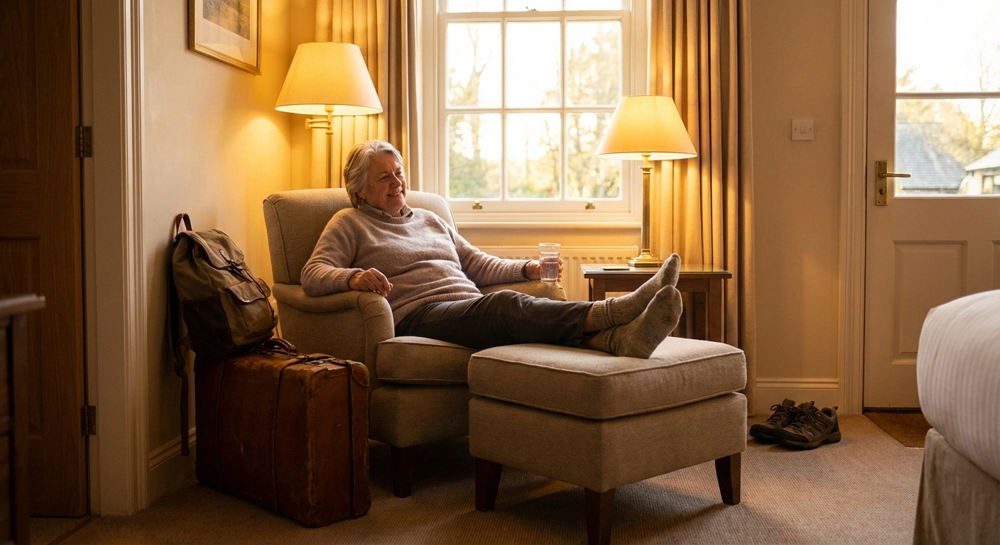 Neuropathy traveler resting with feet elevated after long flight — post-flight recovery routine