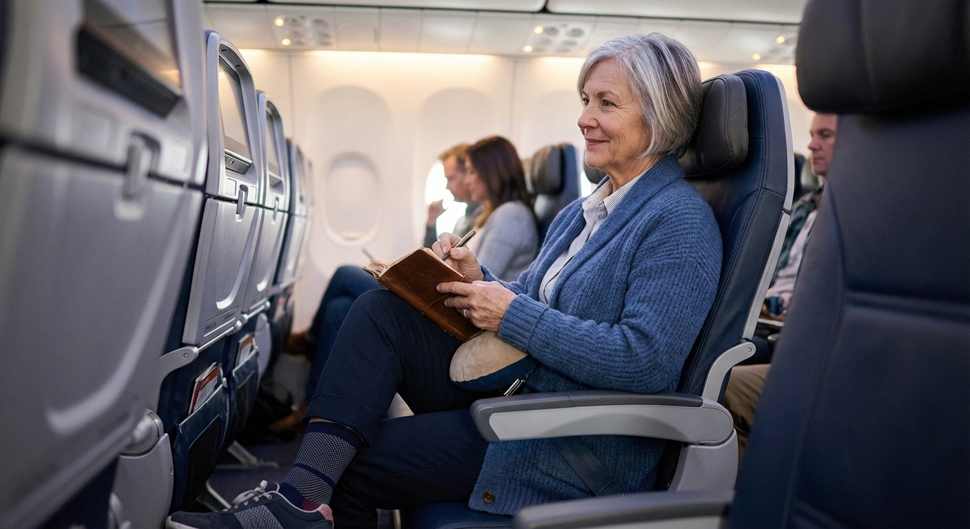 Older woman with neuropathy sitting comfortably in airplane aisle seat wearing compression socks