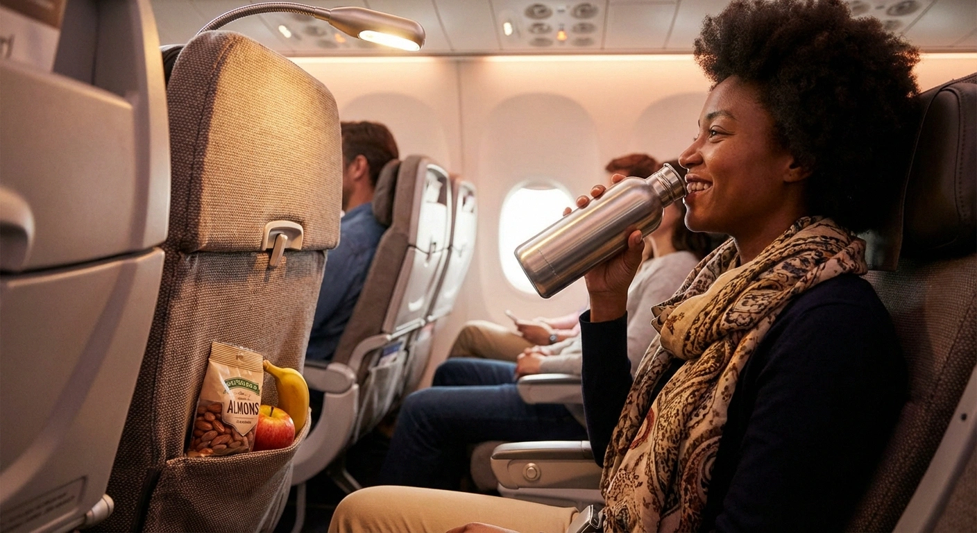 Airplane traveler with neuropathy staying hydrated on long flight with water bottle and healthy snacks