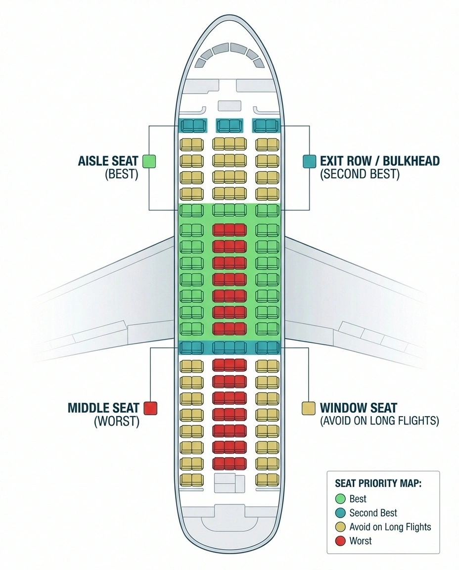 Airplane seat selection guide for neuropathy passengers showing aisle seat as best choice