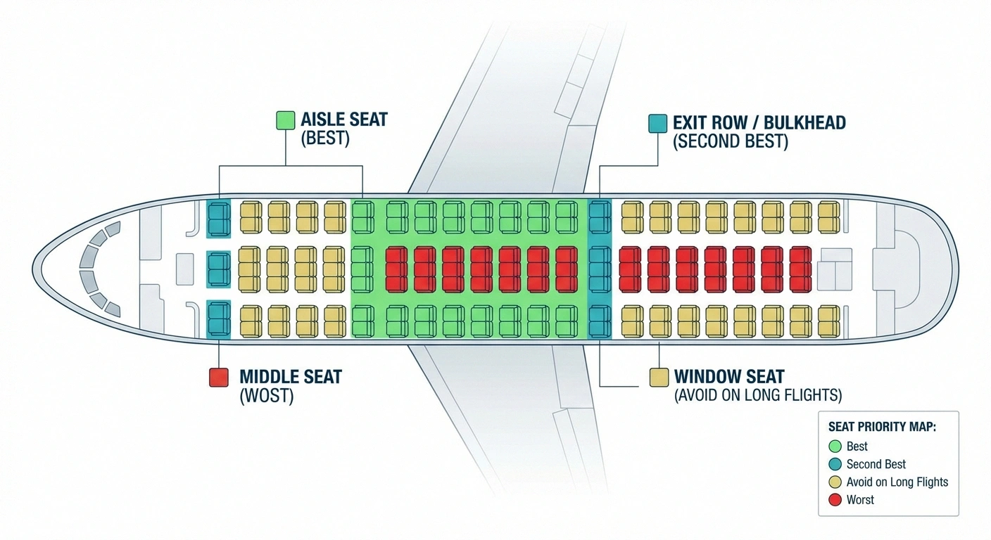 Airplane seat selection guide for neuropathy passengers showing aisle seat as best choice