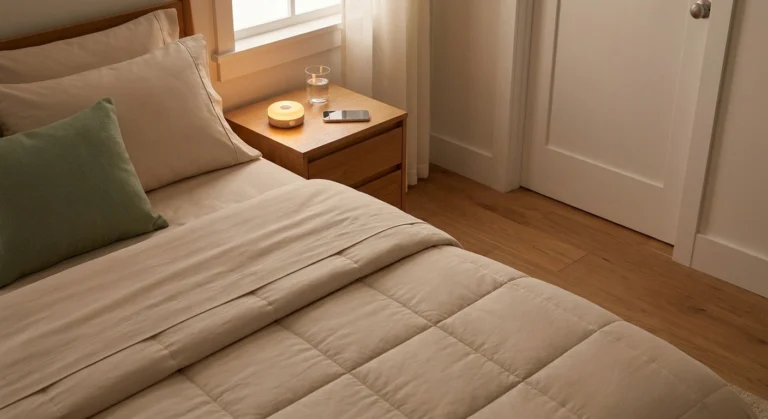 Neuropathy-friendly bedroom setup with motion night light, accessible nightstand, and smooth soft bedding for better sleep