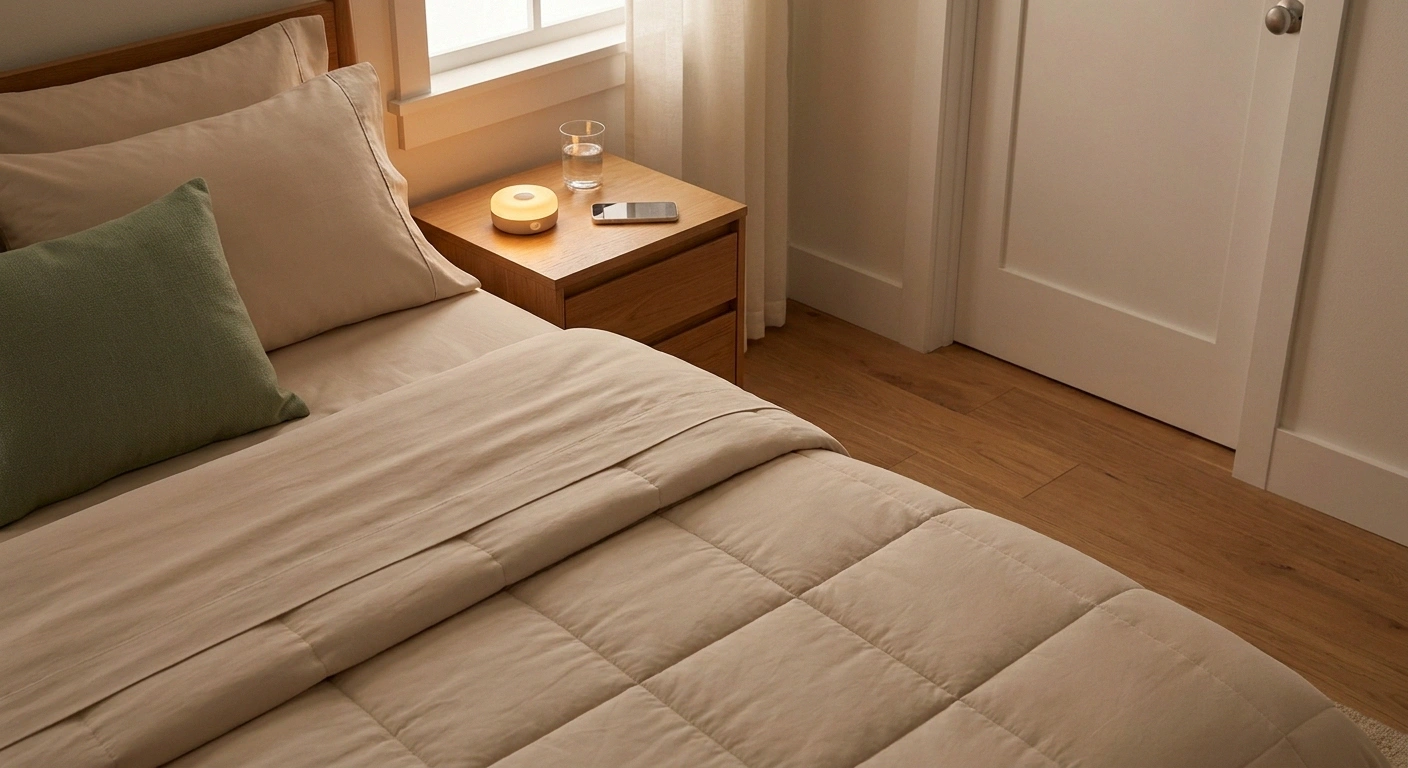 Neuropathy-friendly bedroom setup with motion night light, accessible nightstand, and smooth soft bedding for better sleep