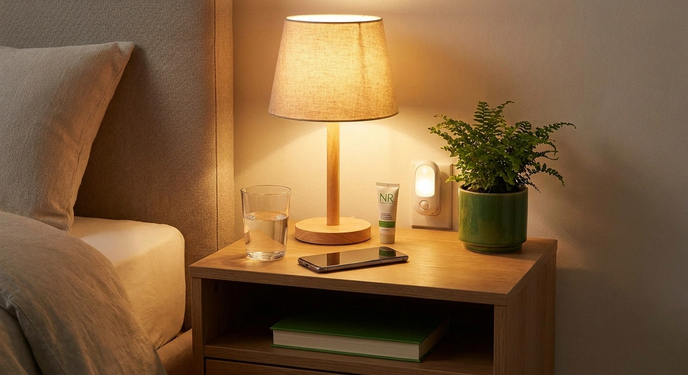 Neuropathy-friendly nightstand setup — water, phone, topical pain relief, and night light within easy reach